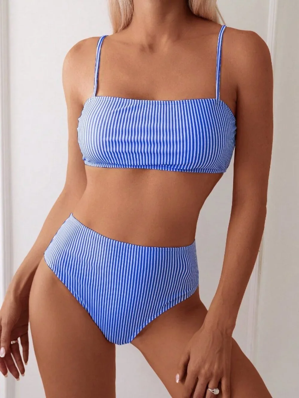Blue & White Casual Women's Striped Bandeau Top & High Waist Bikini Bottoms Set